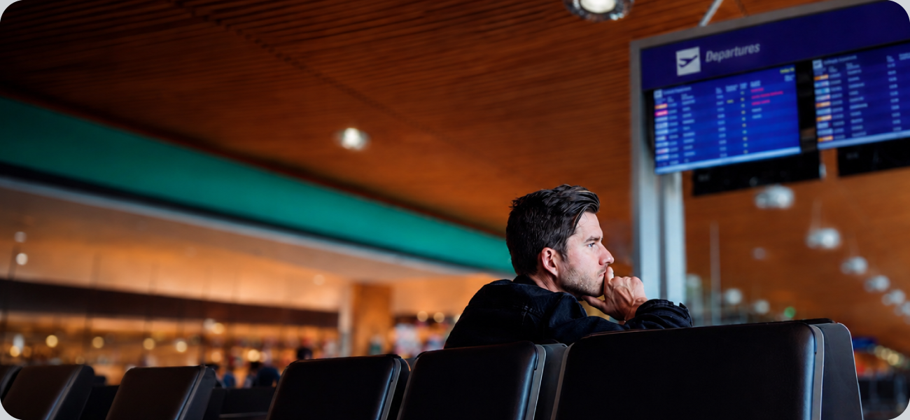 A traveler sitting in an airport terminal, looking thoughtfully near a flight departure board.